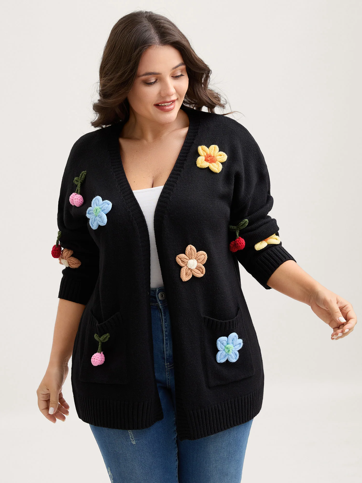 Crochet Floral Front-Open Pockets Knit Cardigan - Image 4