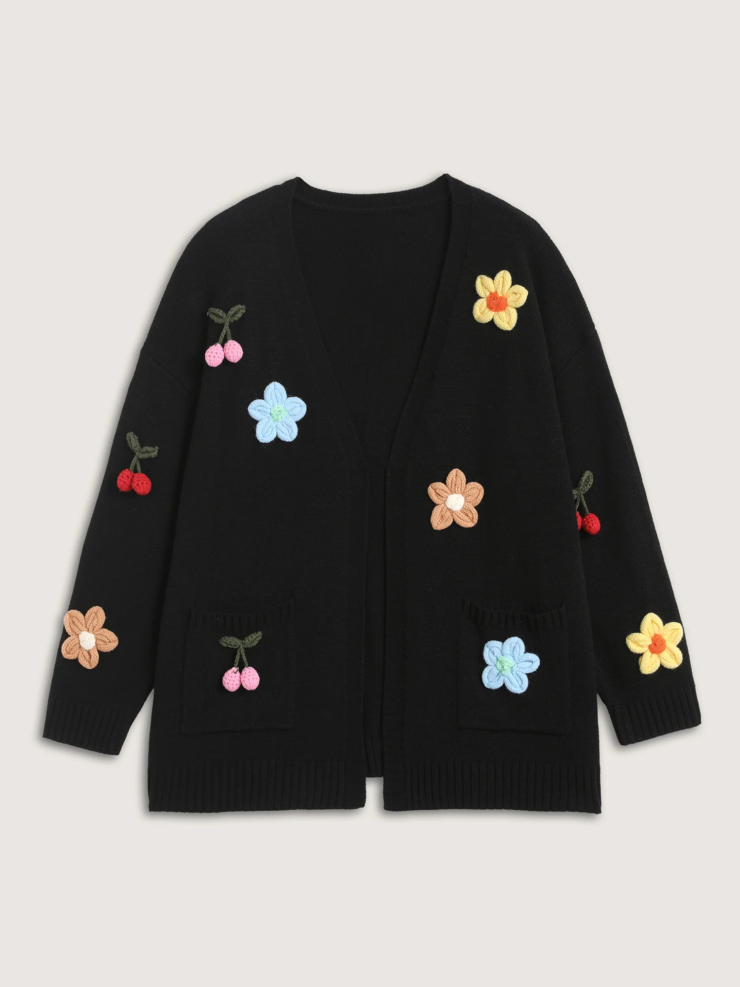 Crochet Floral Front-Open Pockets Knit Cardigan - Image 6