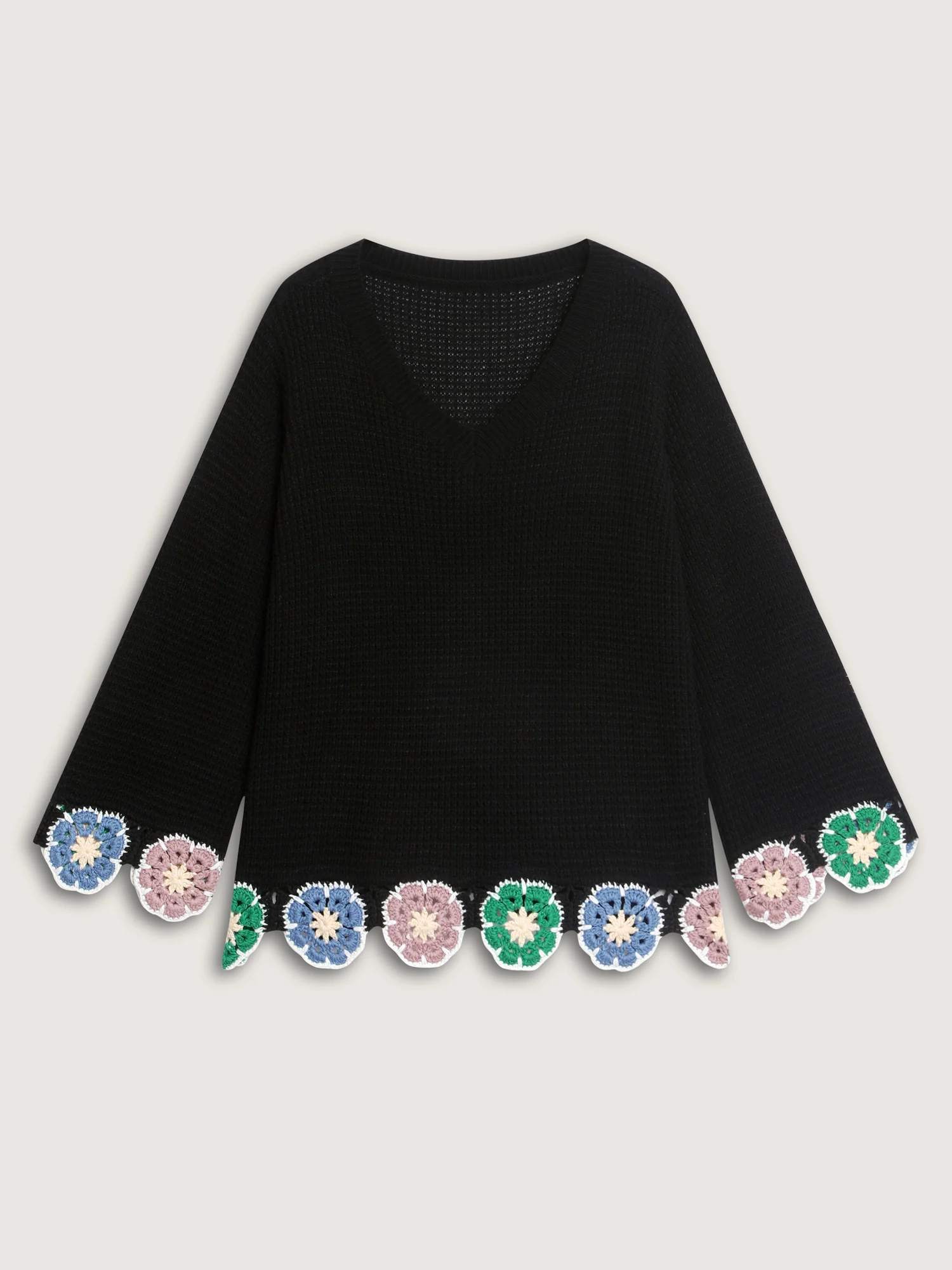 Crochet Floral Hem V-Neck Pullover - Image 7