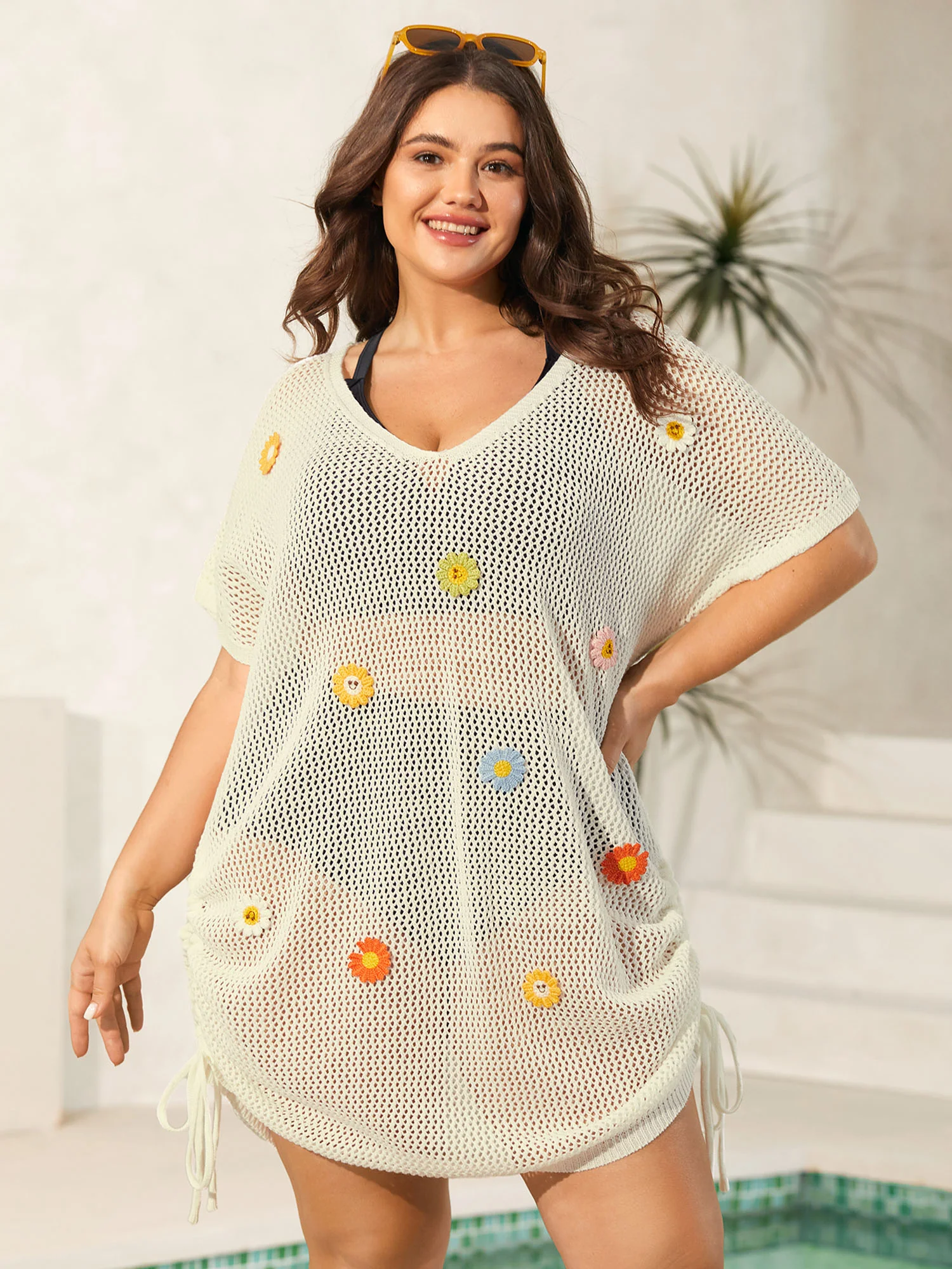 Crochet Floral Knotted Drawstring Swim Cover-Up