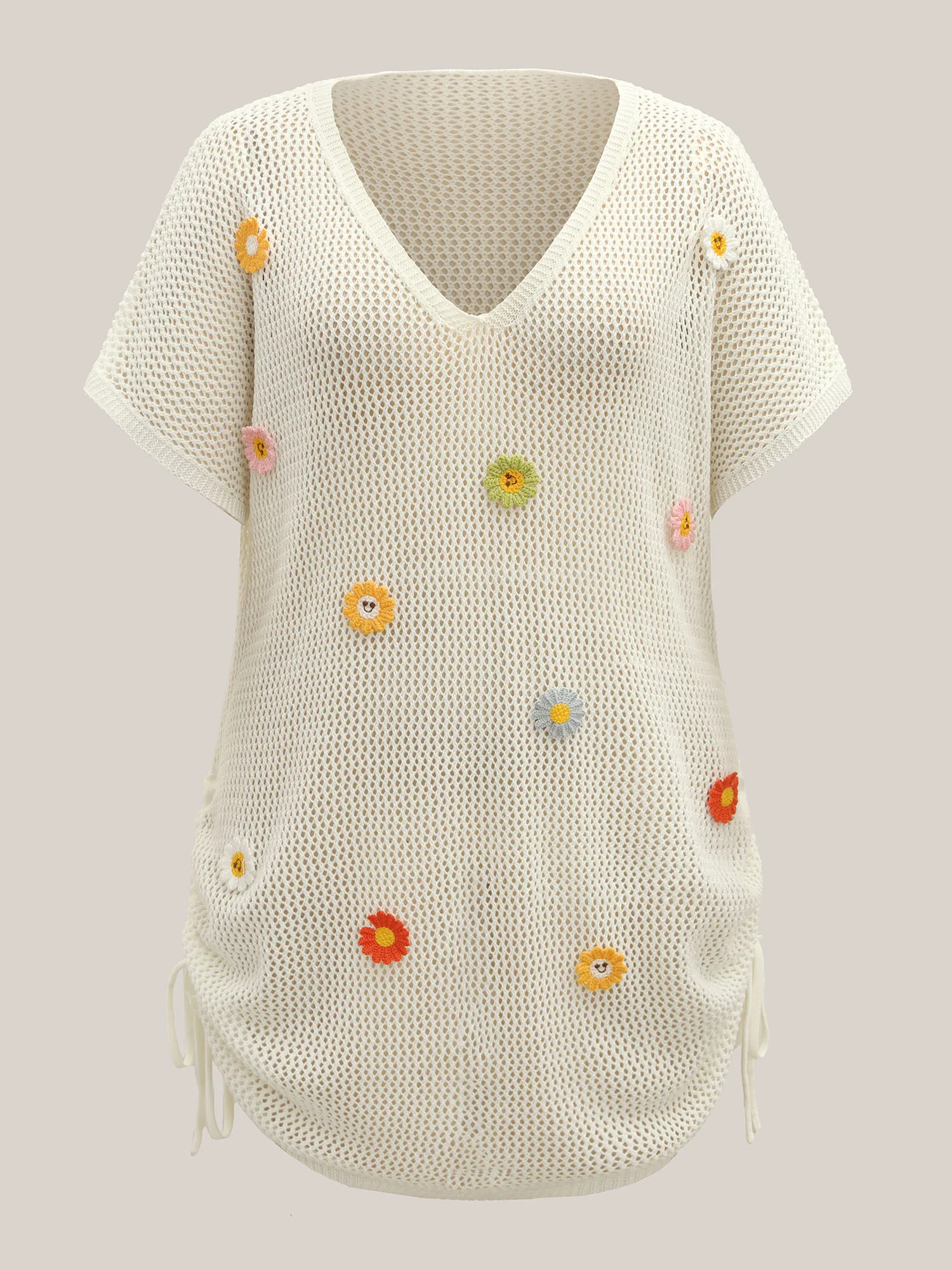 Crochet Floral Knotted Drawstring Swim Cover-Up - Image 5