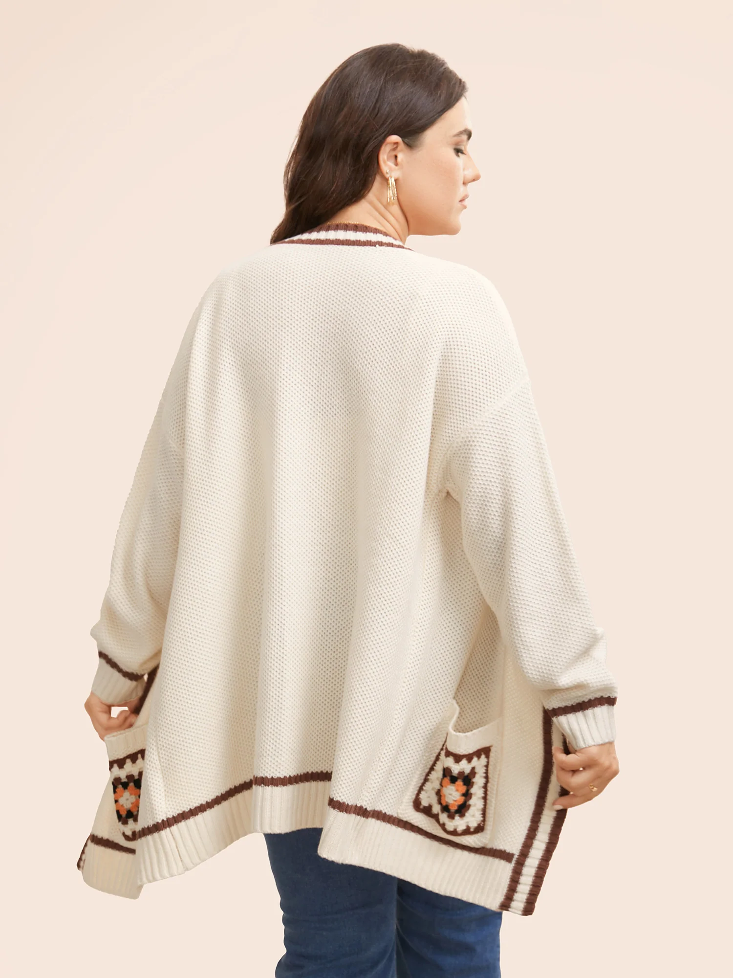 Crochet Floral Patch Pocket Drop Shoulder Cardigan - Image 2