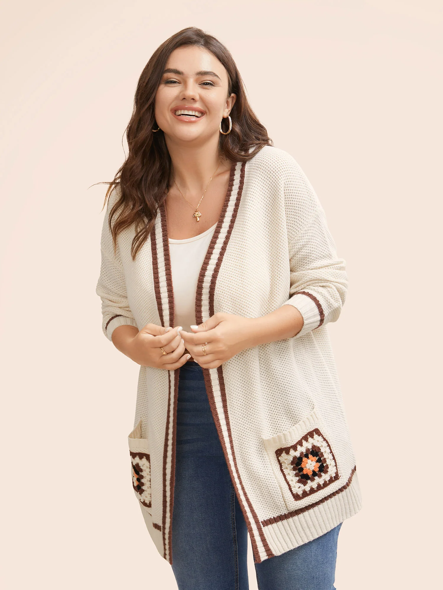 Crochet Floral Patch Pocket Drop Shoulder Cardigan - Image 3