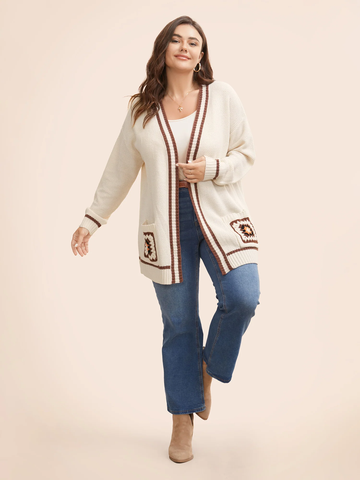 Crochet Floral Patch Pocket Drop Shoulder Cardigan - Image 4