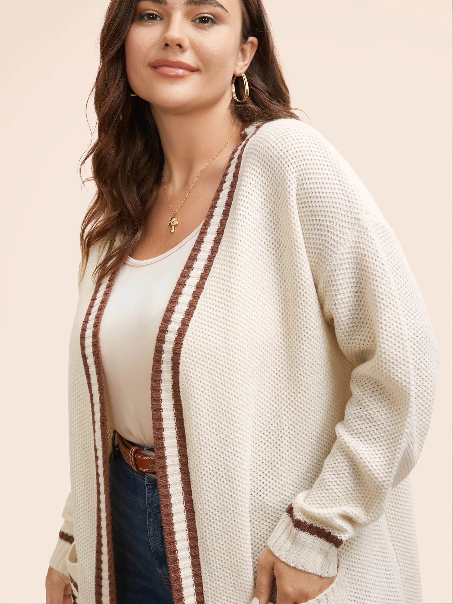 Crochet Floral Patch Pocket Drop Shoulder Cardigan - Image 5