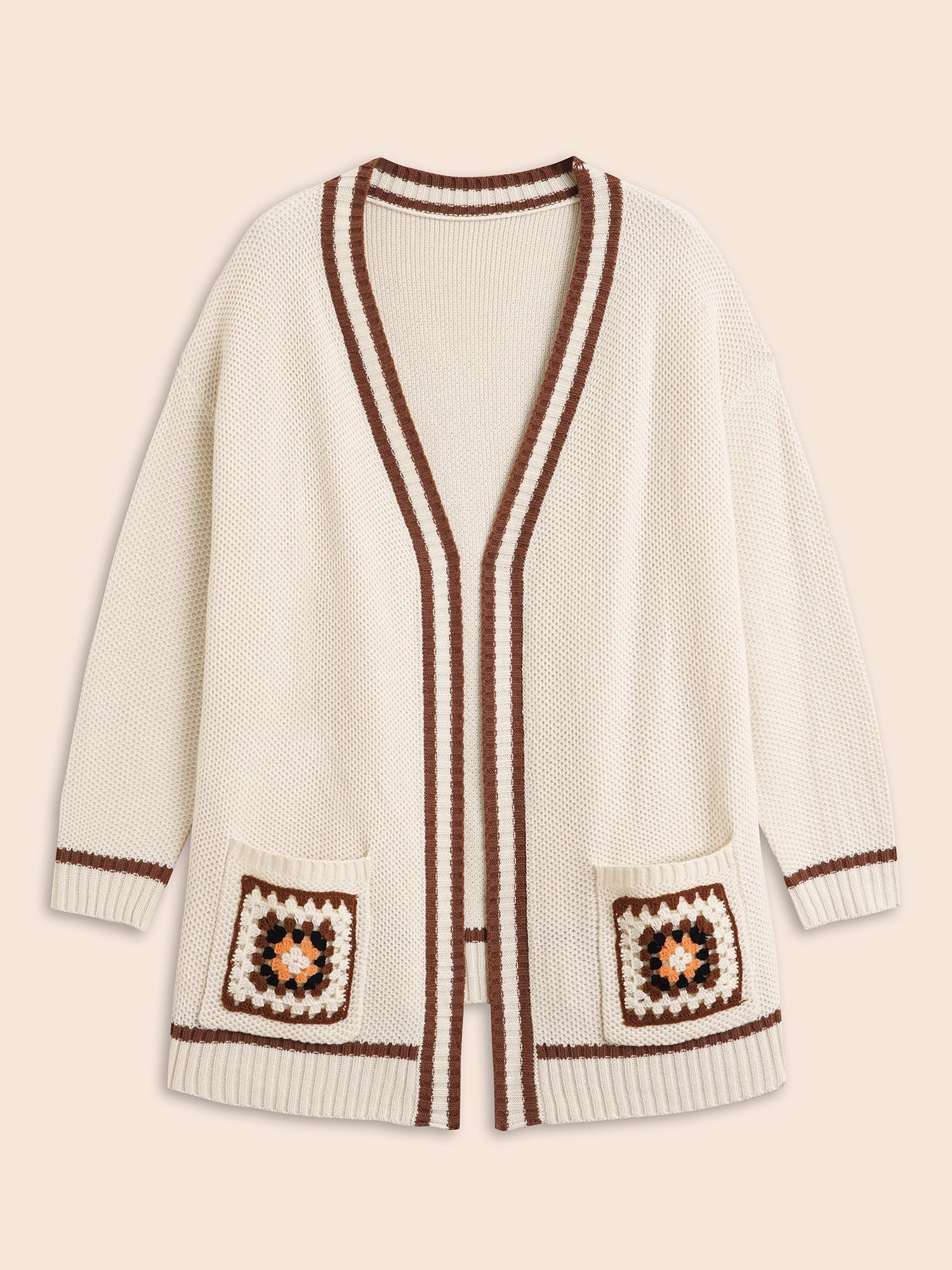 Crochet Floral Patch Pocket Drop Shoulder Cardigan - Image 8