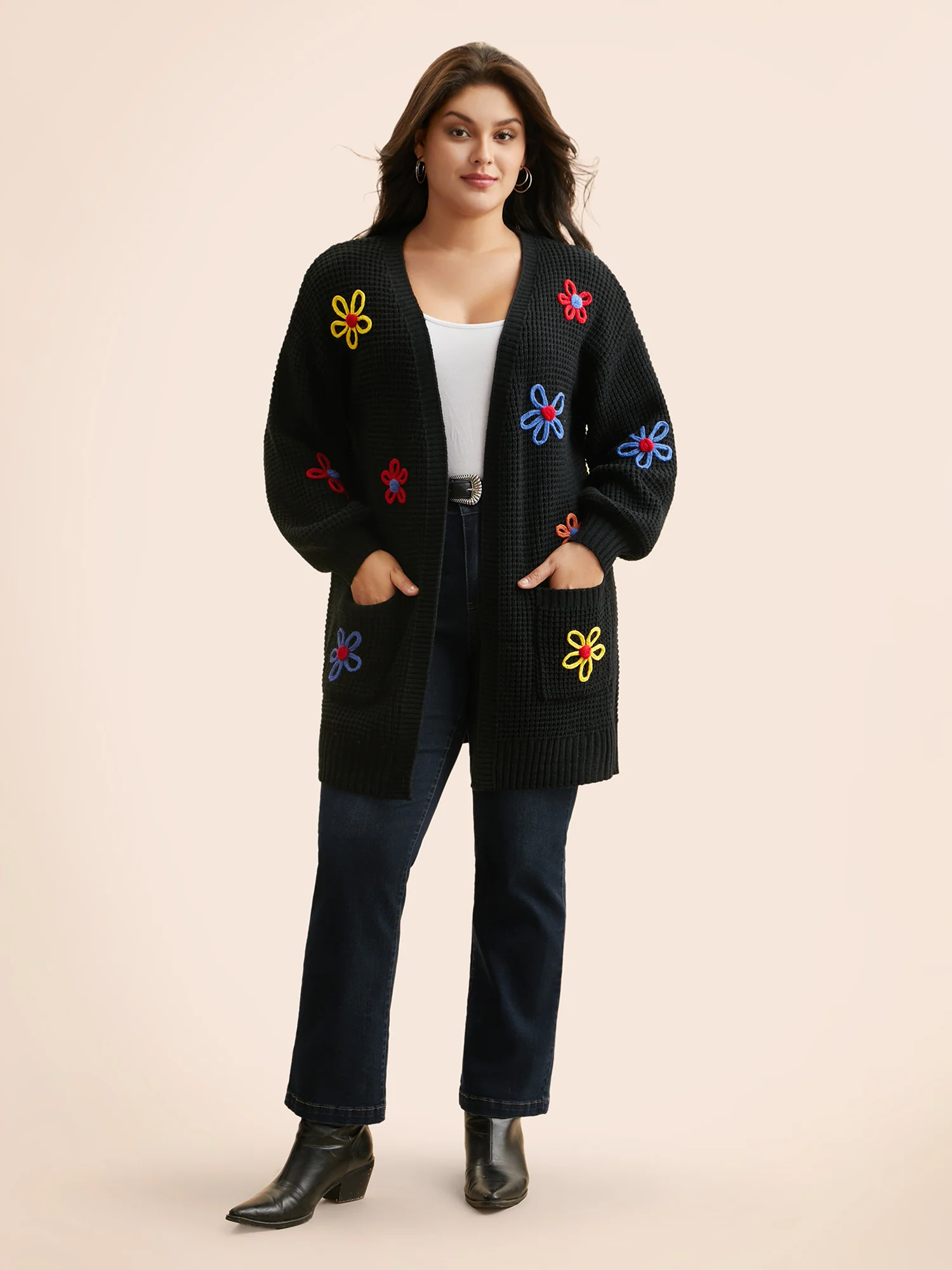 Crochet Floral Puff Sleeve Pocket Cardigan - Image 3