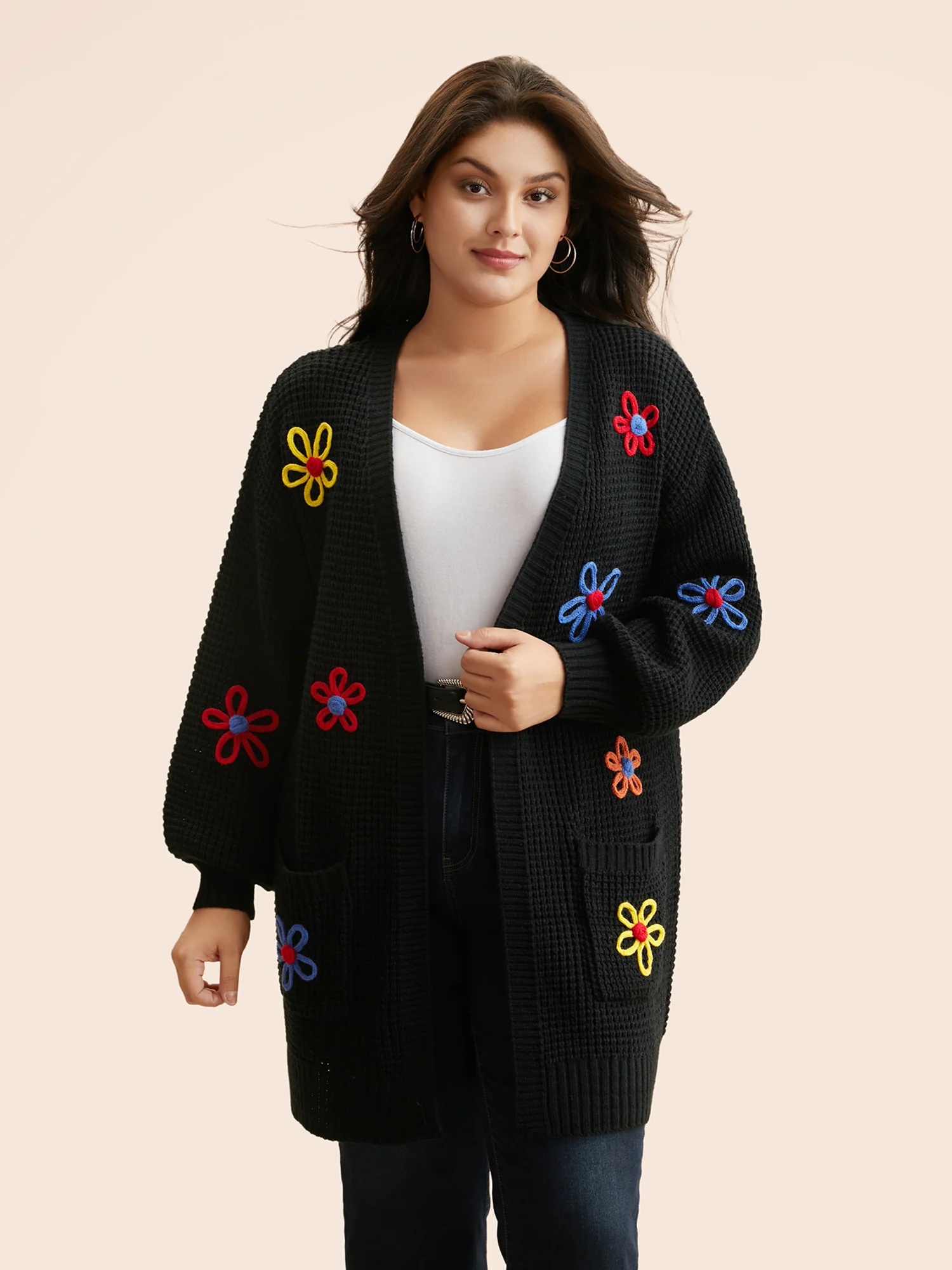 Crochet Floral Puff Sleeve Pocket Cardigan - Image 4