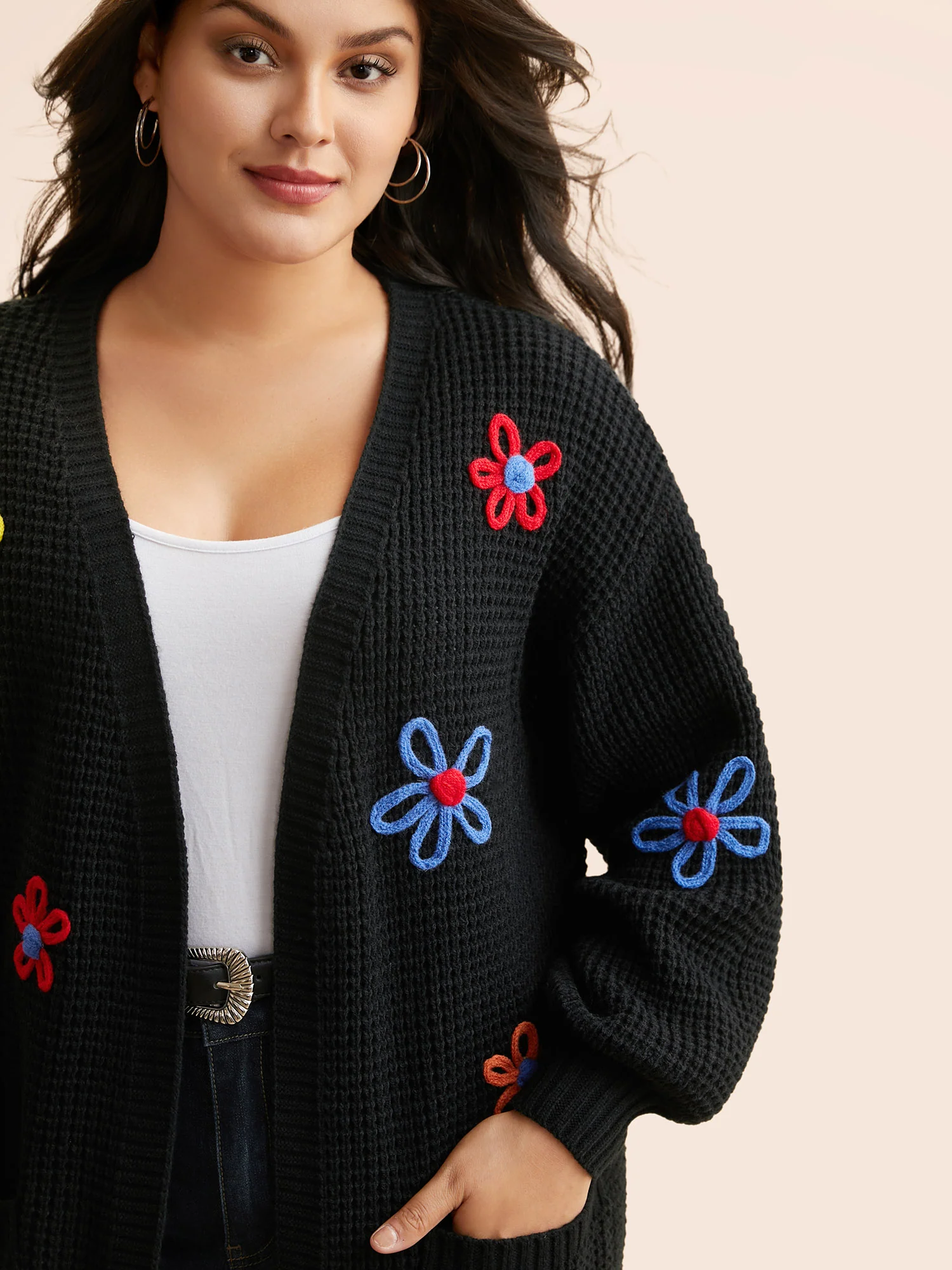 Crochet Floral Puff Sleeve Pocket Cardigan - Image 5
