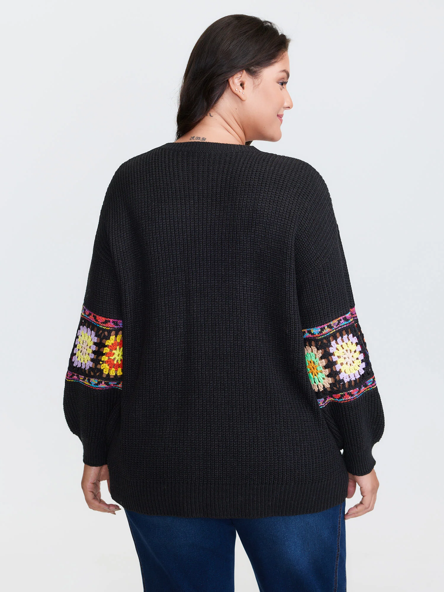 Crochet Floral Sleeve Lace Trim Pullover - Image 10