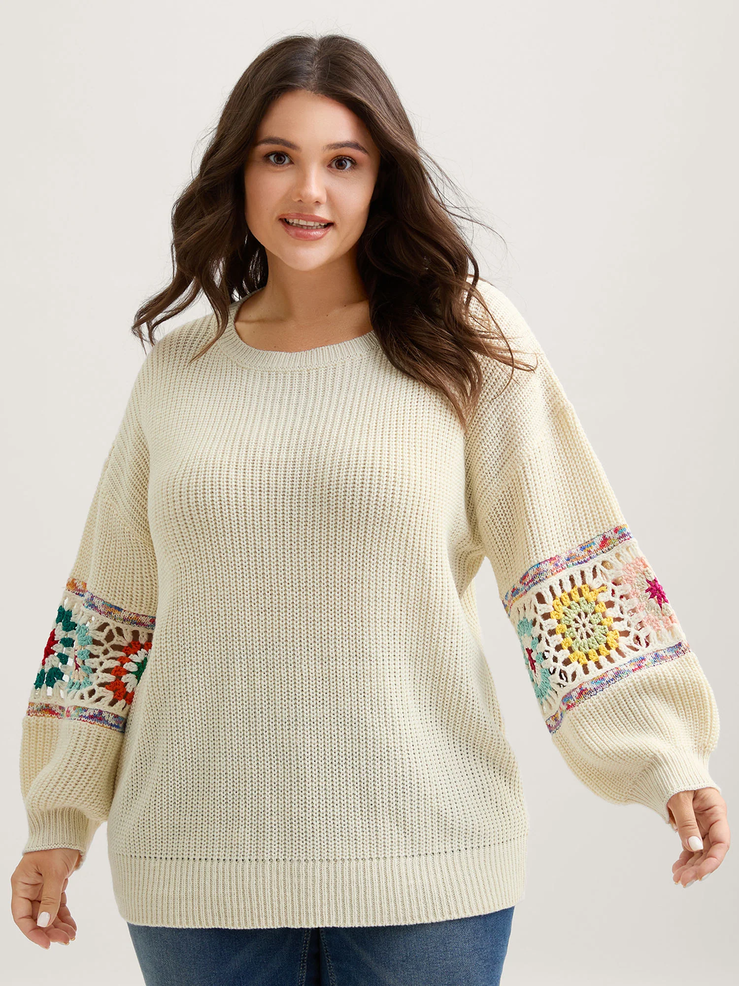 Crochet Floral Sleeve Lace Trim Pullover - Image 3