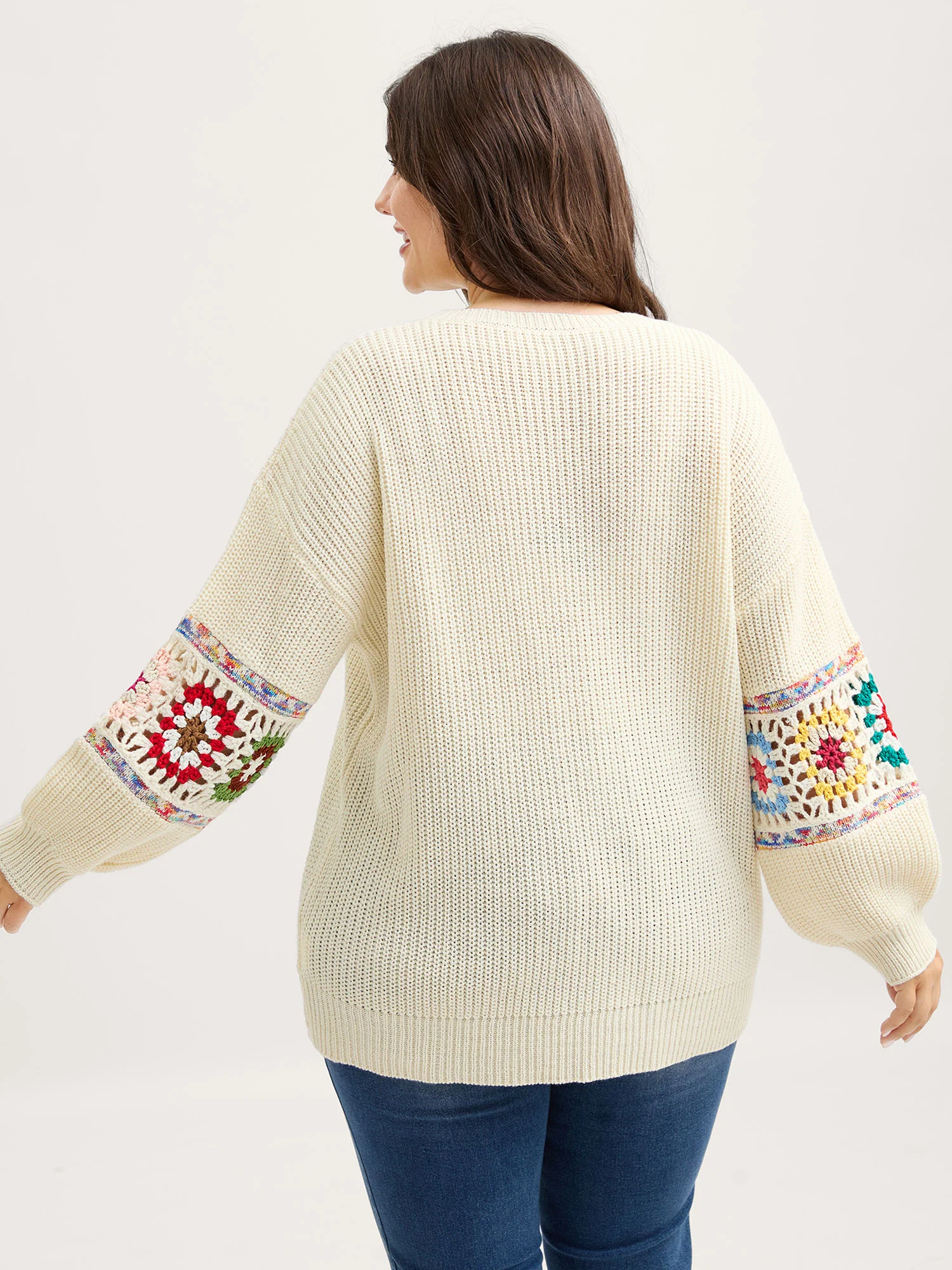 Crochet Floral Sleeve Lace Trim Pullover - Image 4