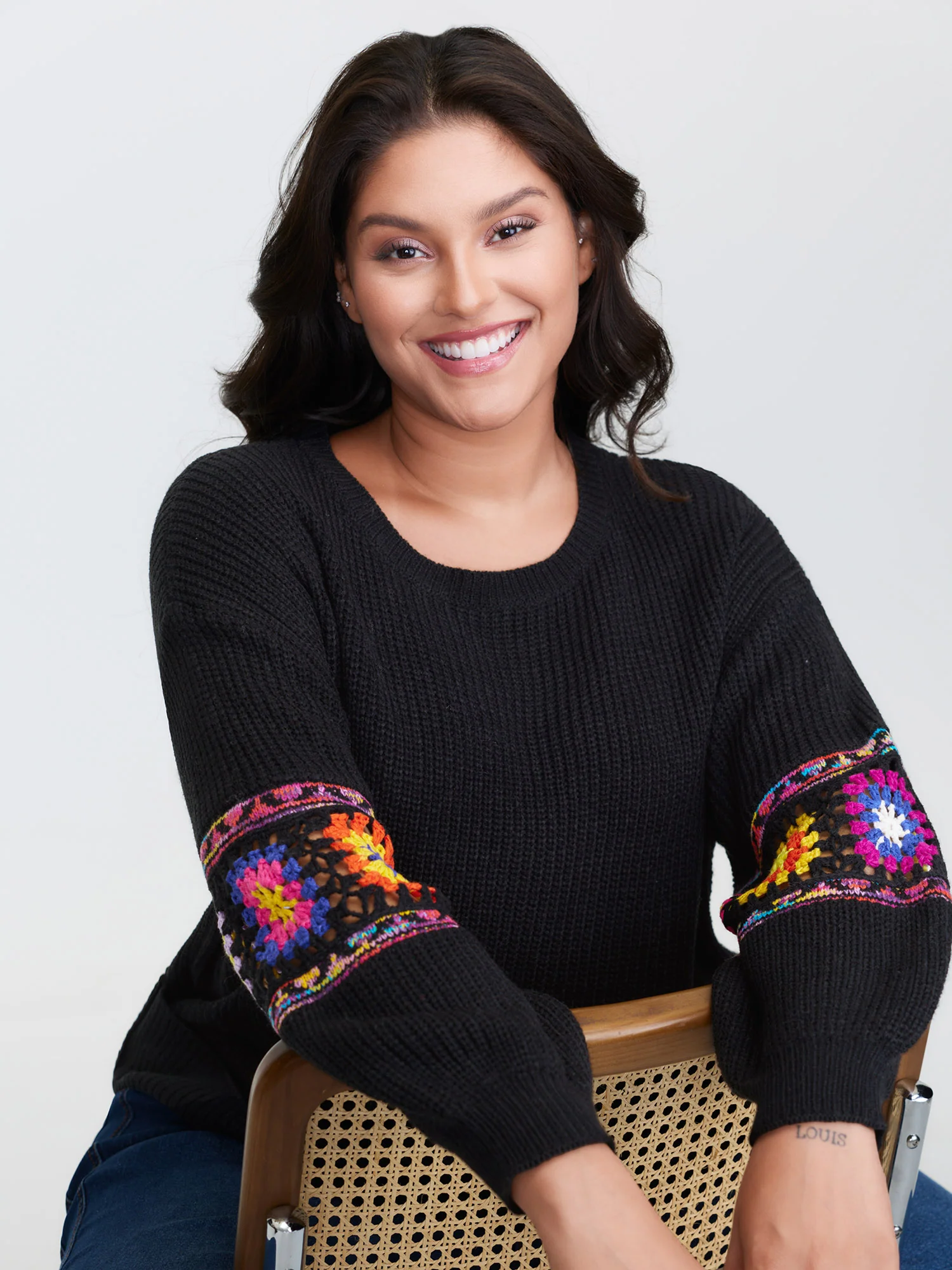 Crochet Floral Sleeve Lace Trim Pullover - Image 7