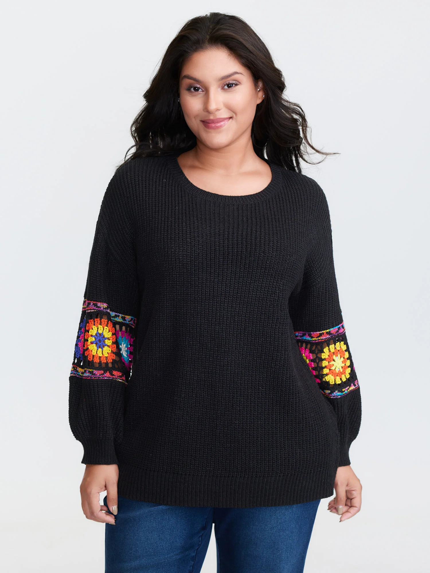 Crochet Floral Sleeve Lace Trim Pullover - Image 8