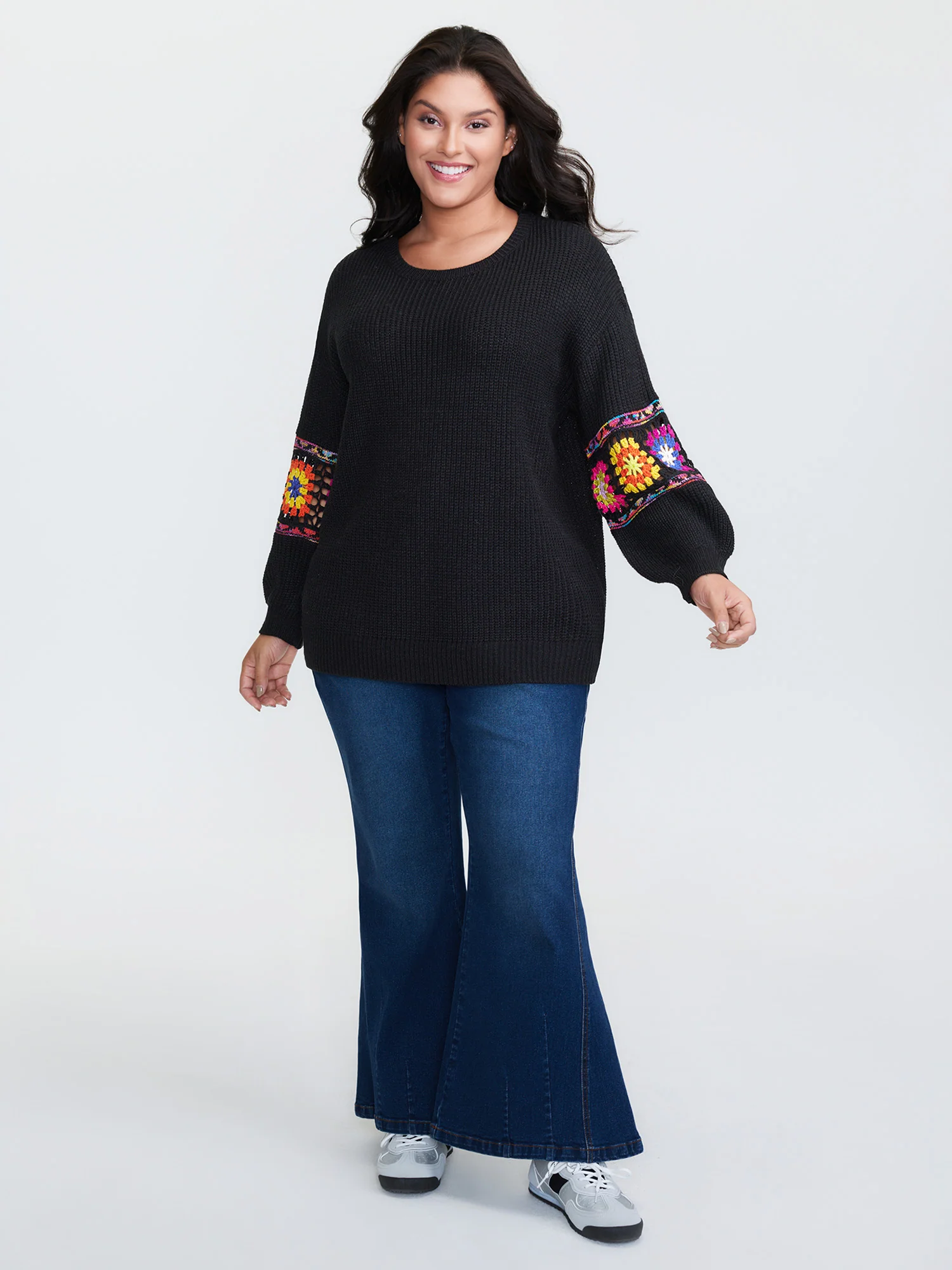 Crochet Floral Sleeve Lace Trim Pullover - Image 9