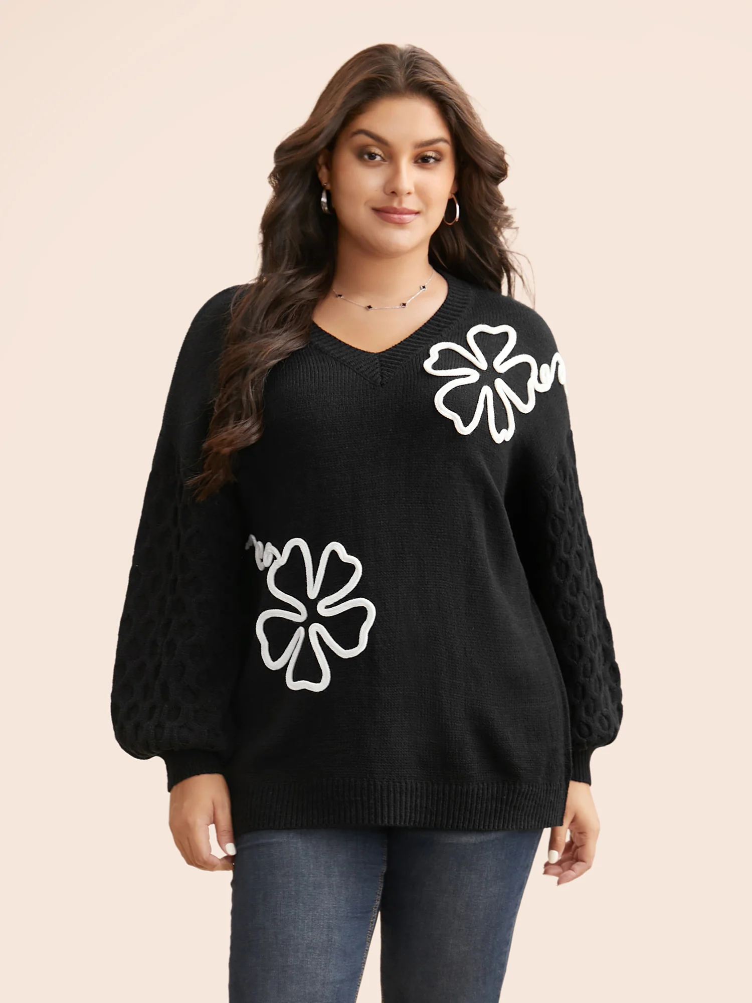 Crochet Floral Texture V Neck Pullover - Image 3