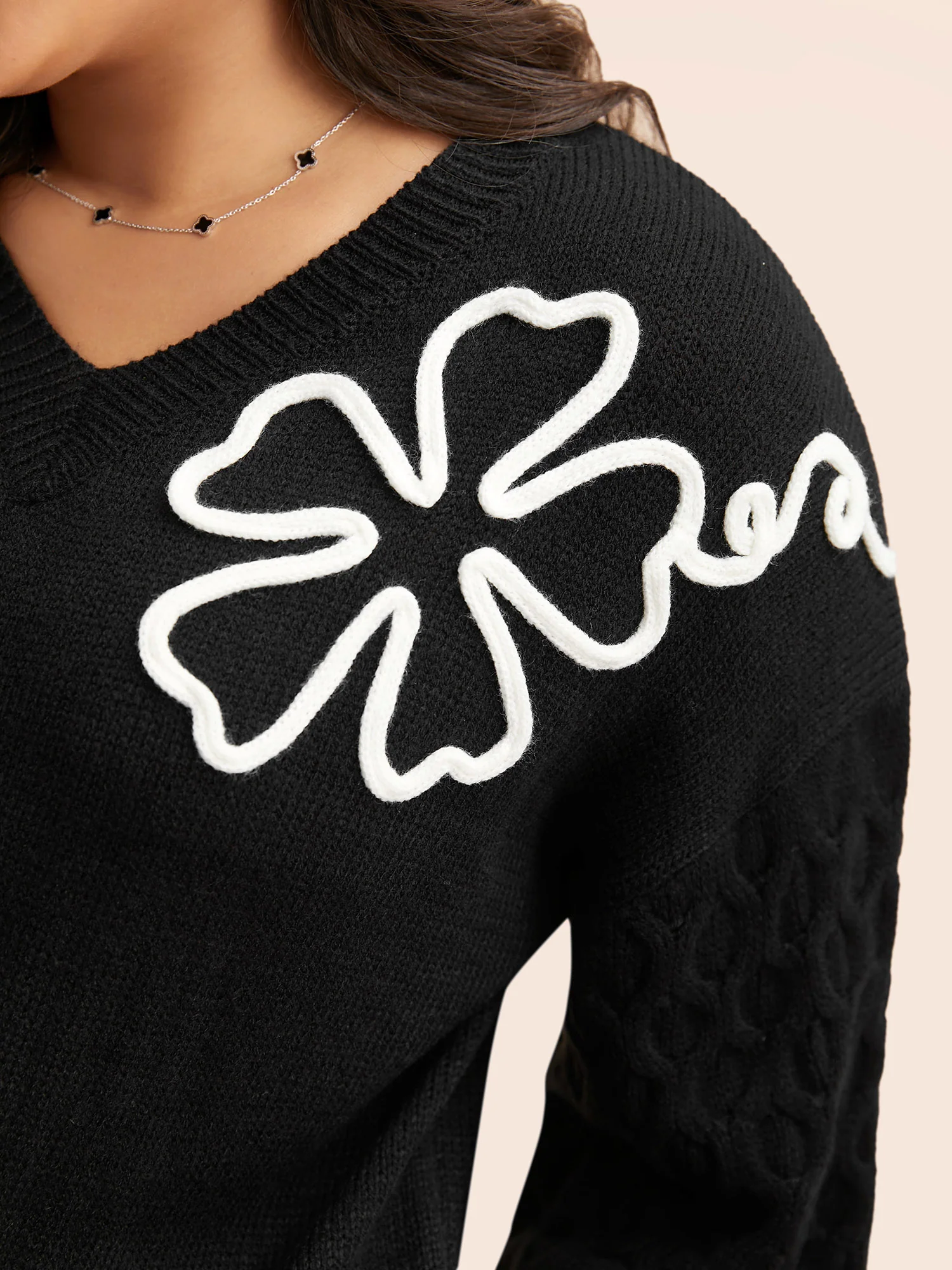 Crochet Floral Texture V Neck Pullover - Image 5