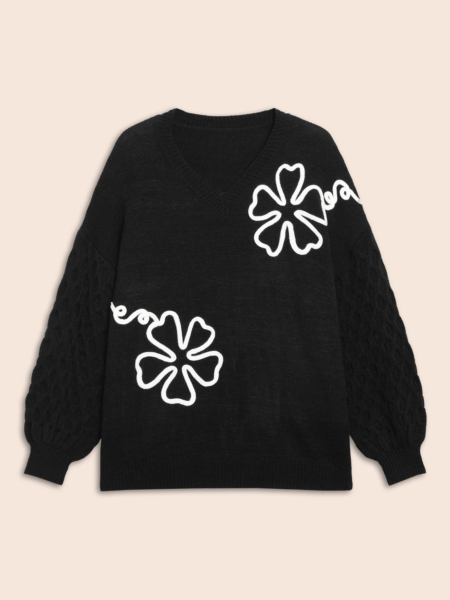 Crochet Floral Texture V Neck Pullover - Image 8