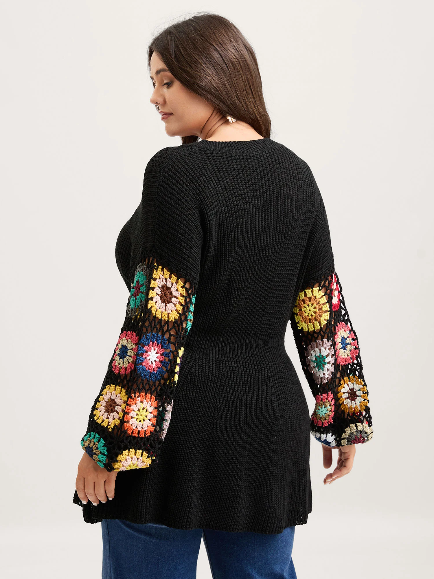 Crochet Floral Waist-Cinched Knit Cardigan - Image 4