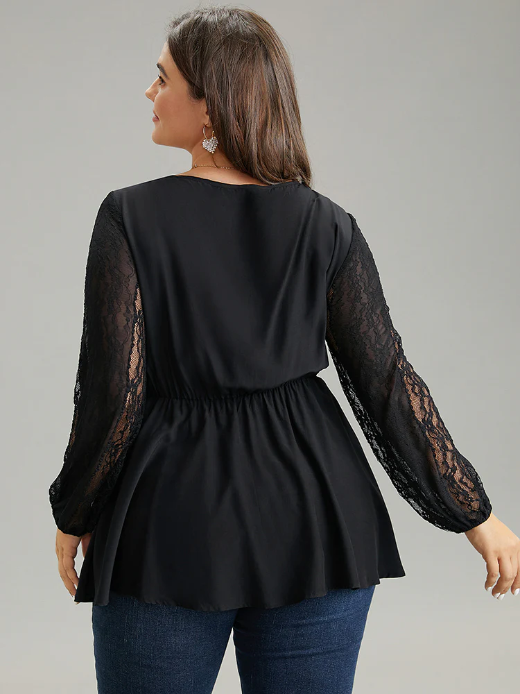 Crochet Lace Bowknot Elastic Waist Blouse - Image 2