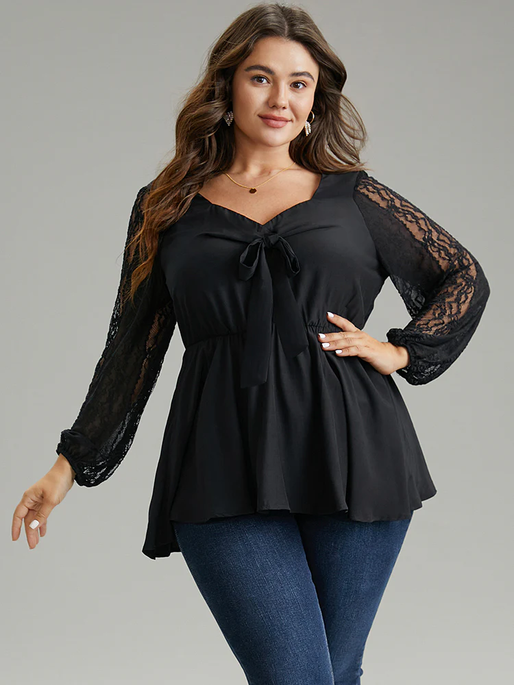 Crochet Lace Bowknot Elastic Waist Blouse - Image 3