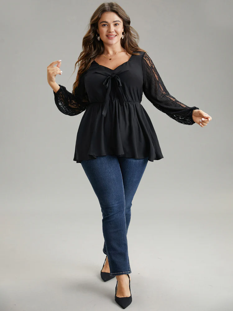 Crochet Lace Bowknot Elastic Waist Blouse - Image 4