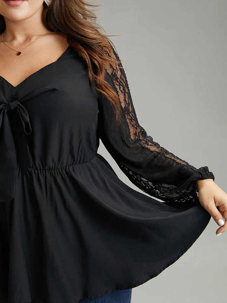 Crochet Lace Bowknot Elastic Waist Blouse - Image 5