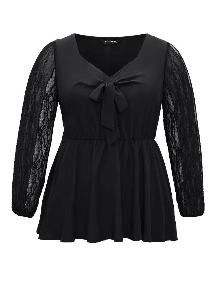 Crochet Lace Bowknot Elastic Waist Blouse - Image 6