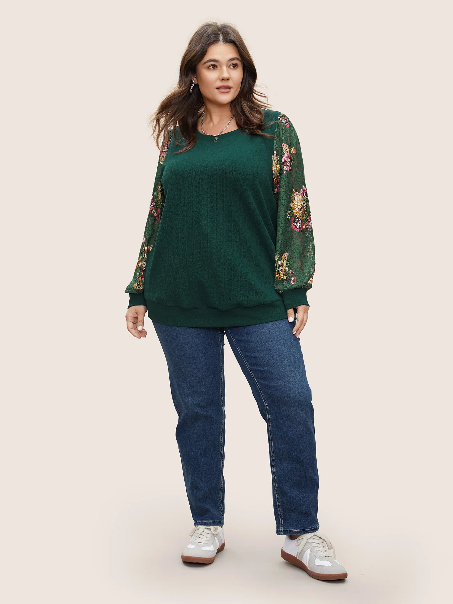 Crochet Lace Floral Print Round Neck Sweatshirt - Image 3