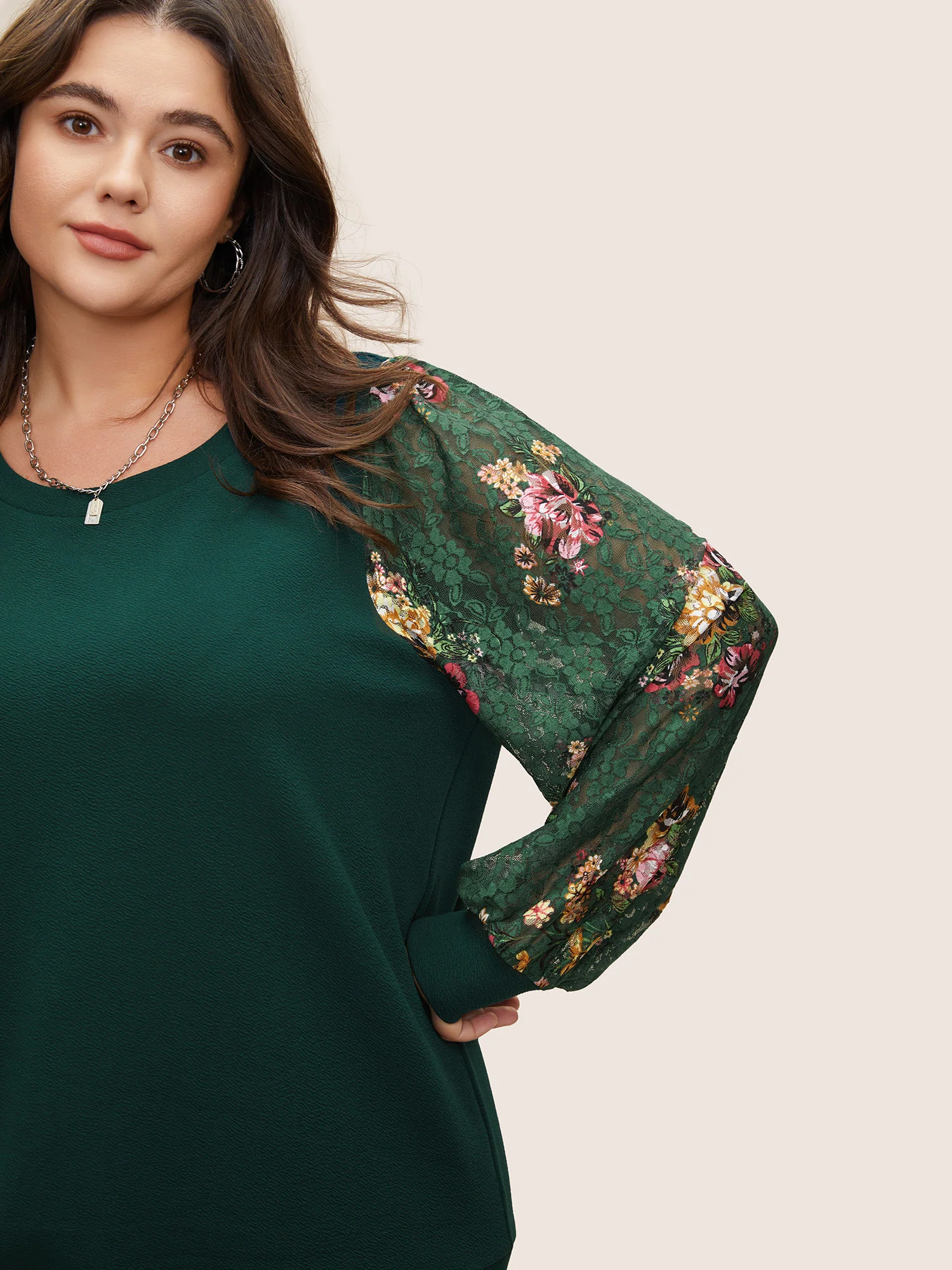 Crochet Lace Floral Print Round Neck Sweatshirt - Image 4
