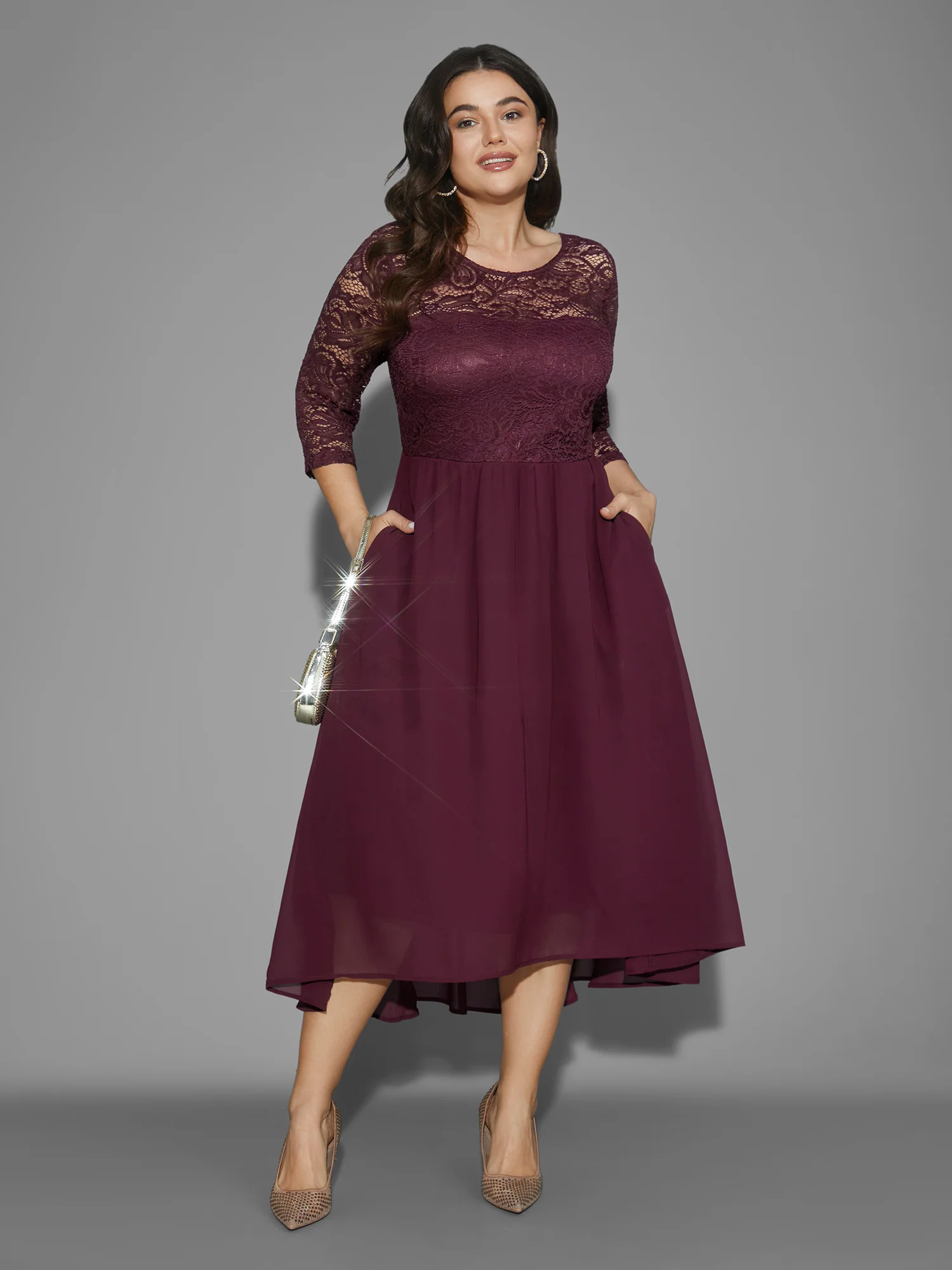 Crochet Lace High Low Hem Midi Dress - Image 3