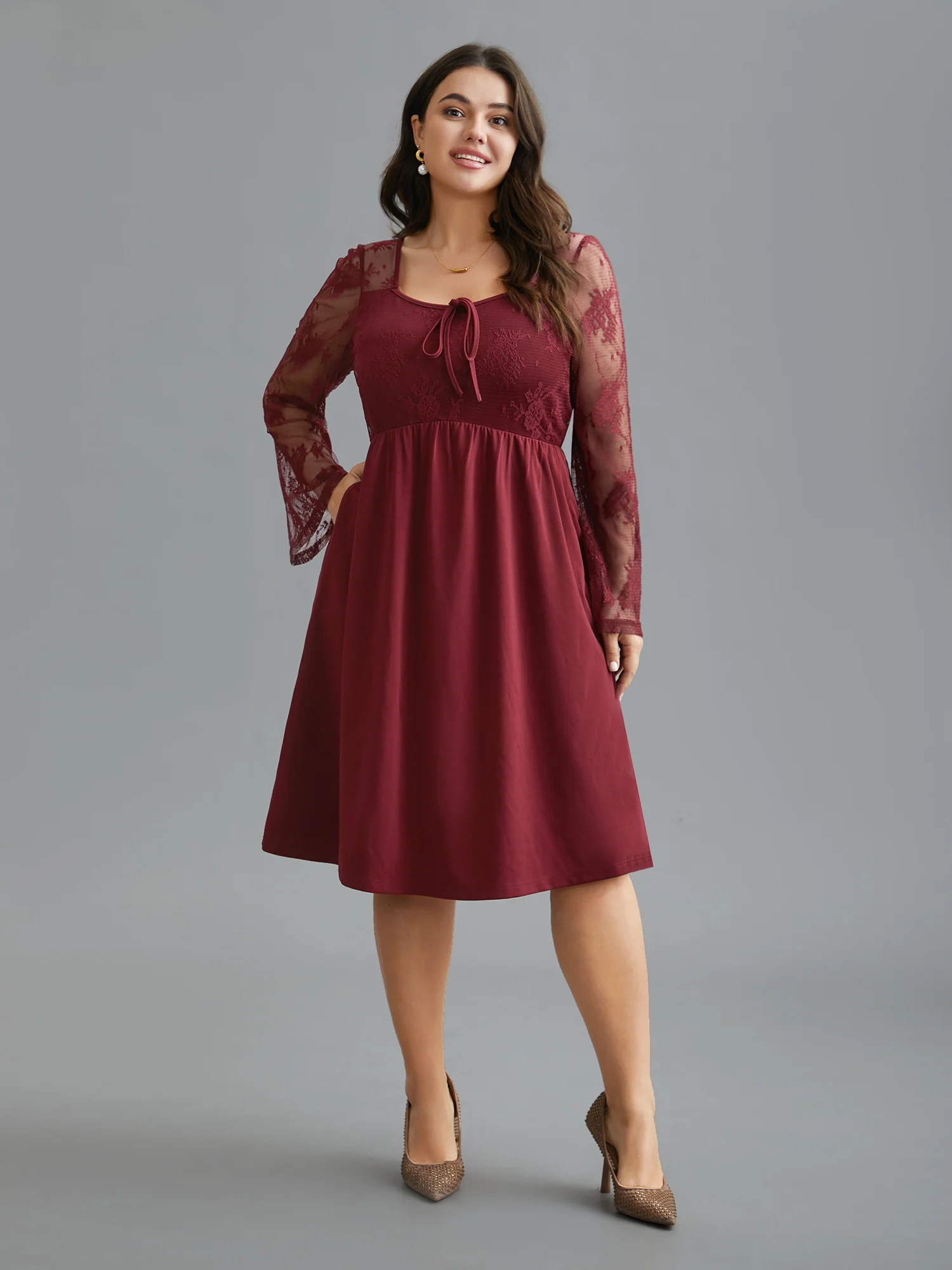 Crochet Lace Mesh Bell Sleeve Dress - Image 2