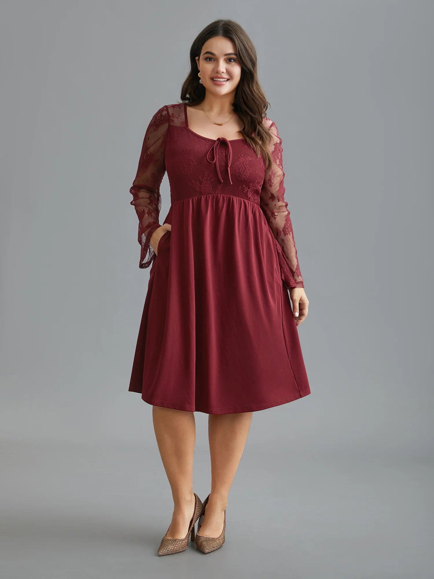 Crochet Lace Mesh Bell Sleeve Dress - Image 4