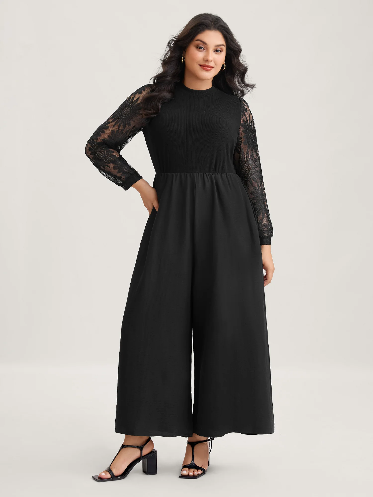 Crochet Lace Mesh Mock Neck Jumpsuit - Image 2