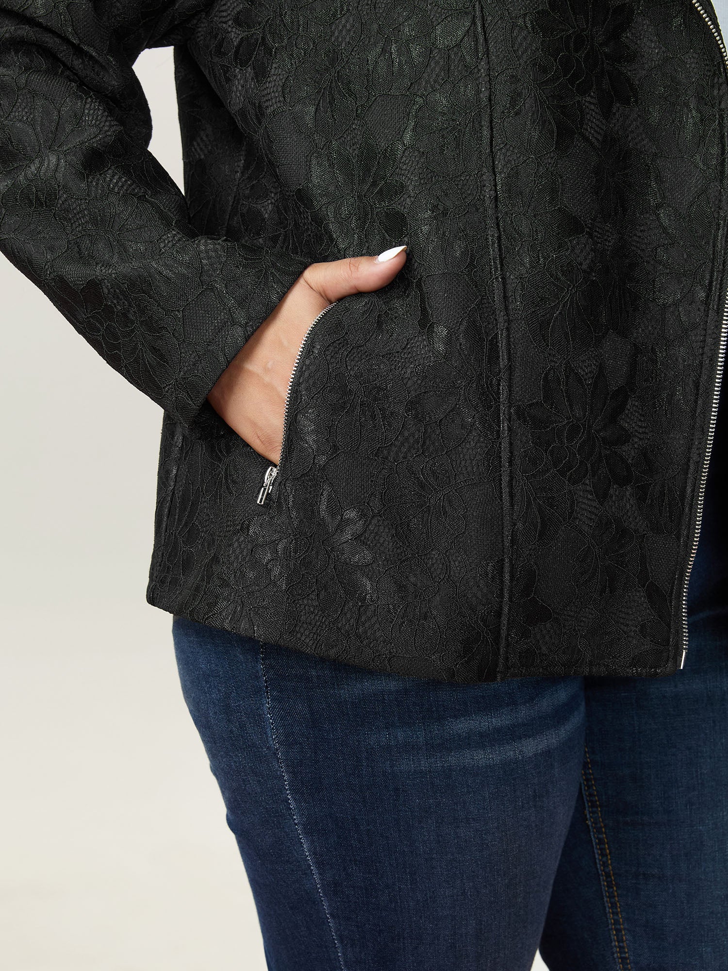 Lace Mesh Pocket Zipper Coat - Image 4