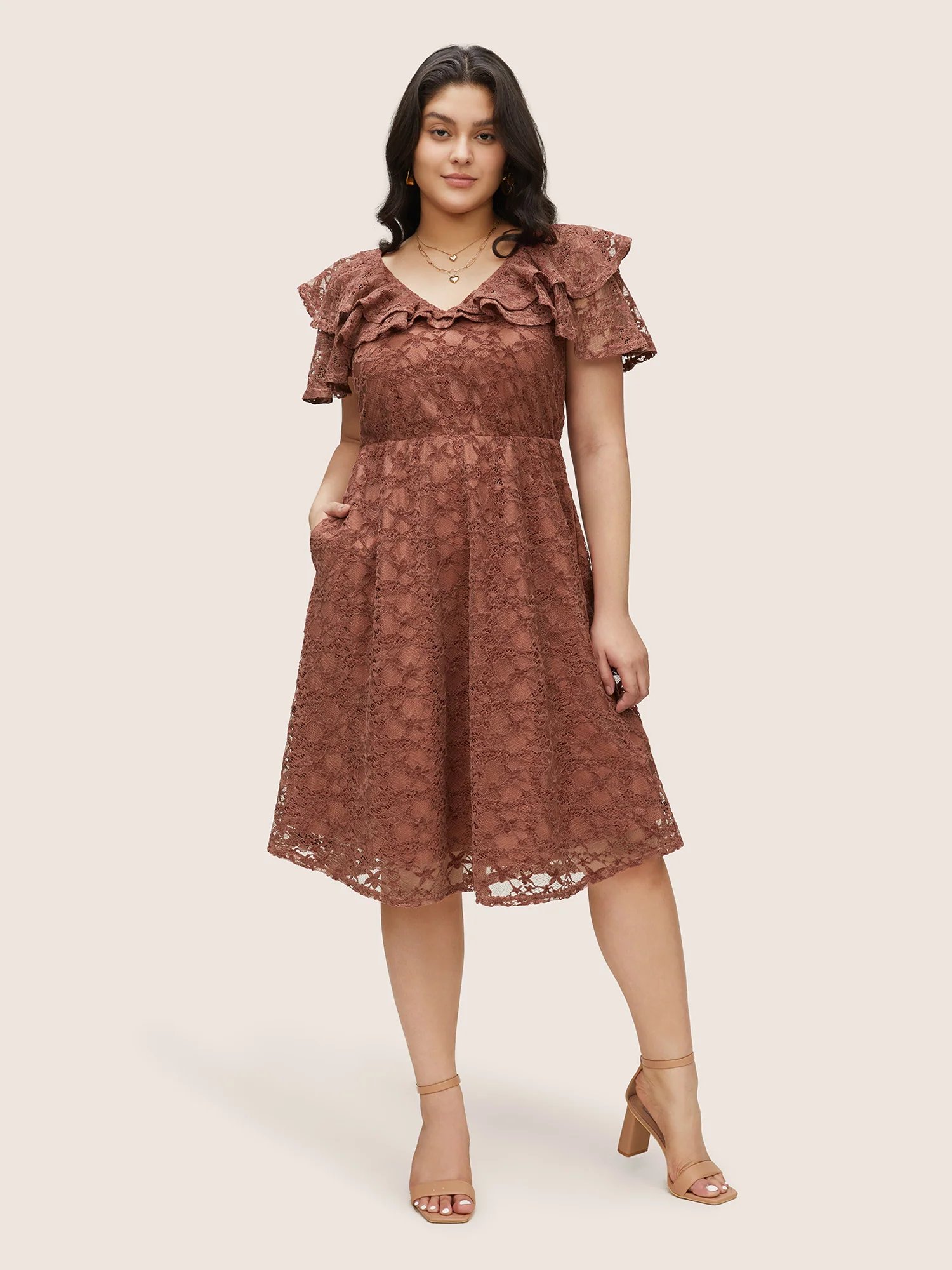 Crochet Lace Mesh Tiered Ruffle Trim Dress - Image 2