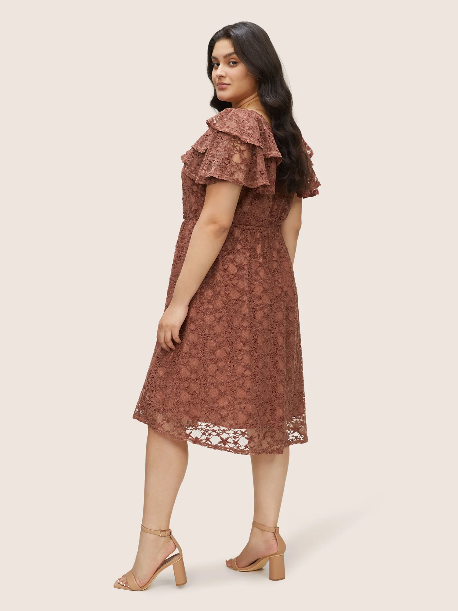 Crochet Lace Mesh Tiered Ruffle Trim Dress - Image 3