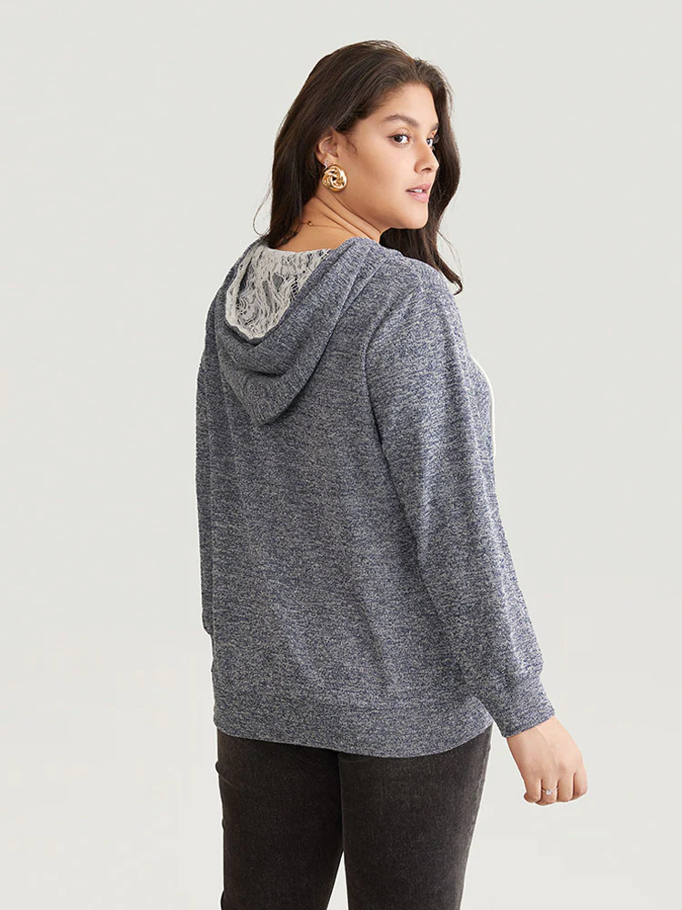 Crochet Lace Patchwork Pocket Hooded Sweatshirt - Image 2
