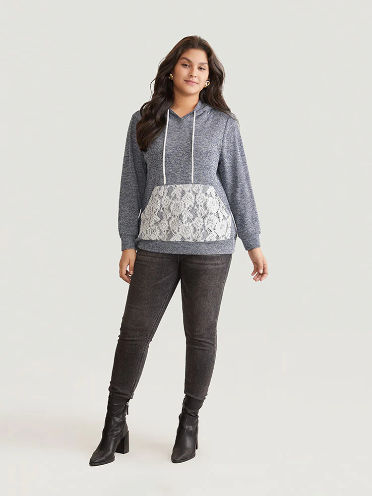 Crochet Lace Patchwork Pocket Hooded Sweatshirt - Image 3