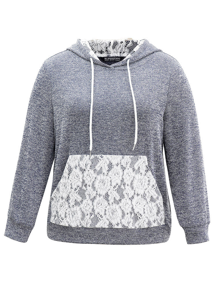 Crochet Lace Patchwork Pocket Hooded Sweatshirt - Image 5