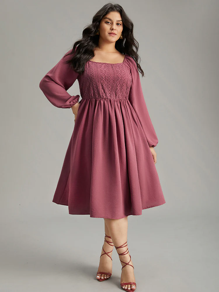 Crochet Lace Square Neck Elastic Cuffs Dress - Image 2