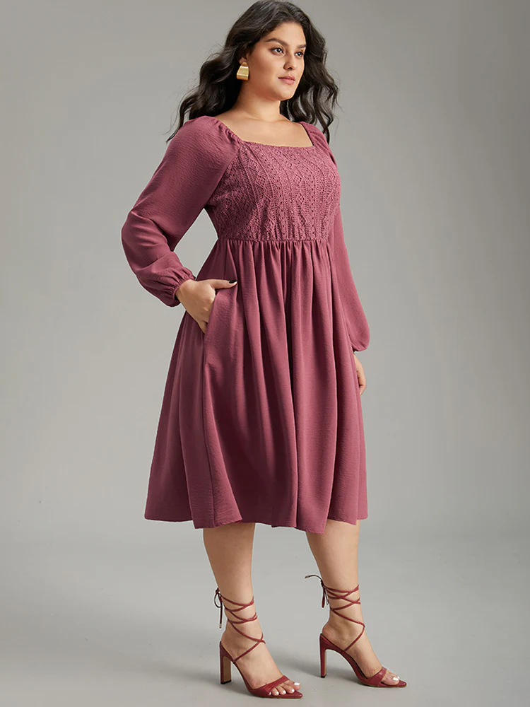 Crochet Lace Square Neck Elastic Cuffs Dress - Image 4