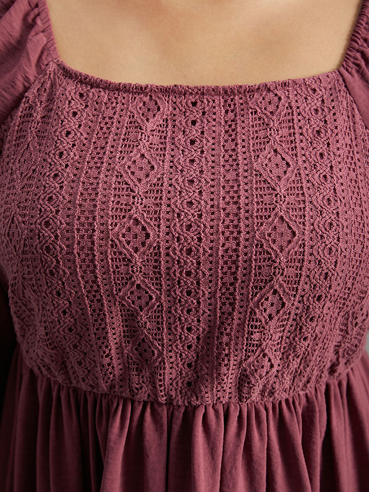 Crochet Lace Square Neck Elastic Cuffs Dress - Image 5
