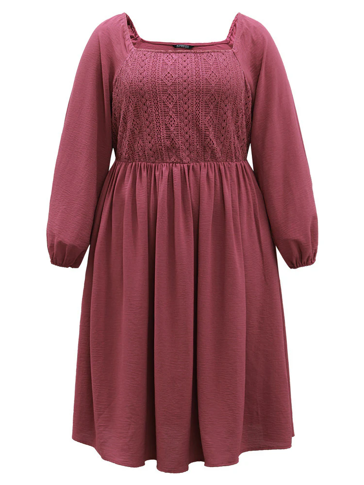 Crochet Lace Square Neck Elastic Cuffs Dress - Image 7