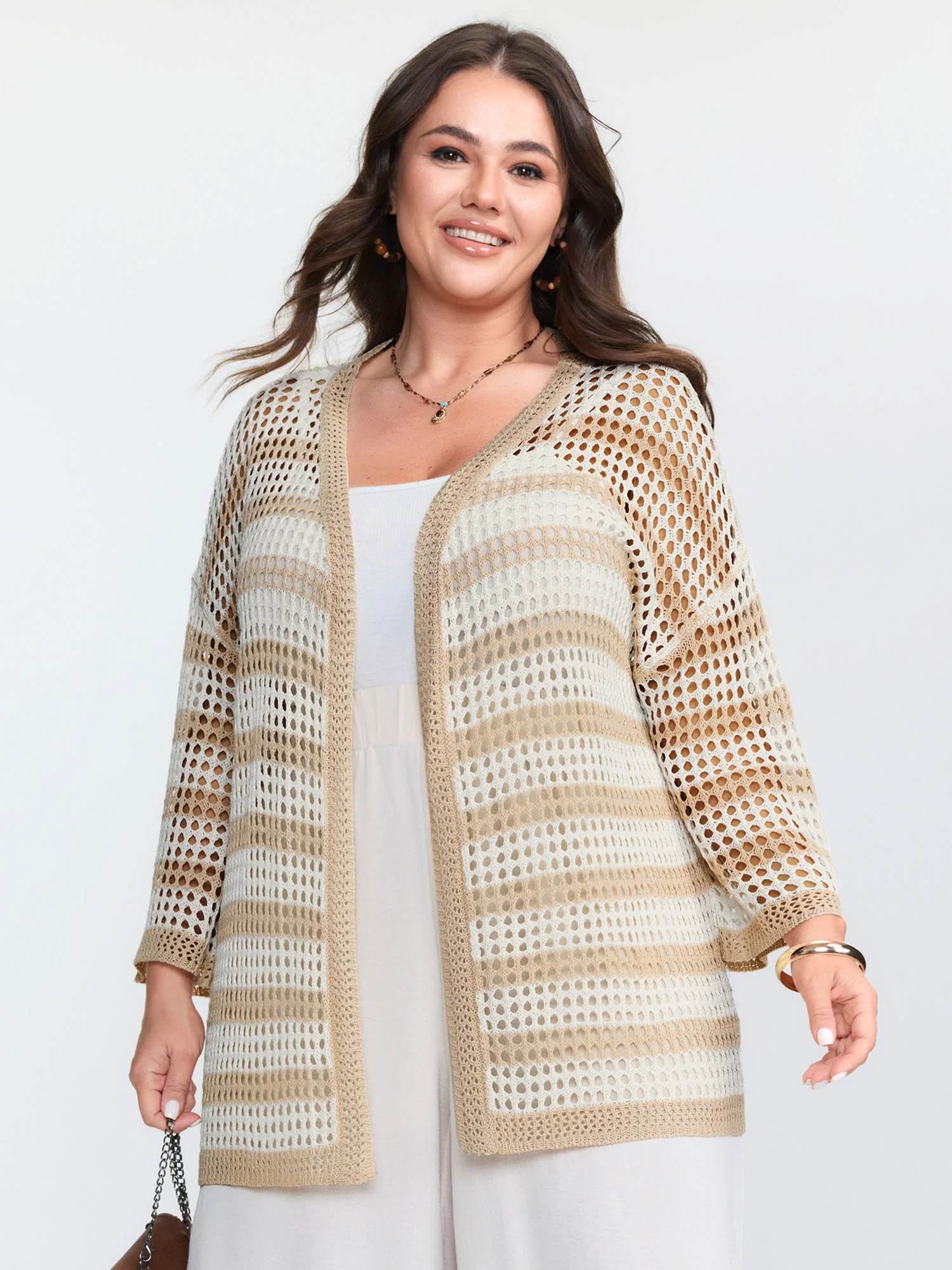 Crochet V-Neck Striped Knit Cardigan
