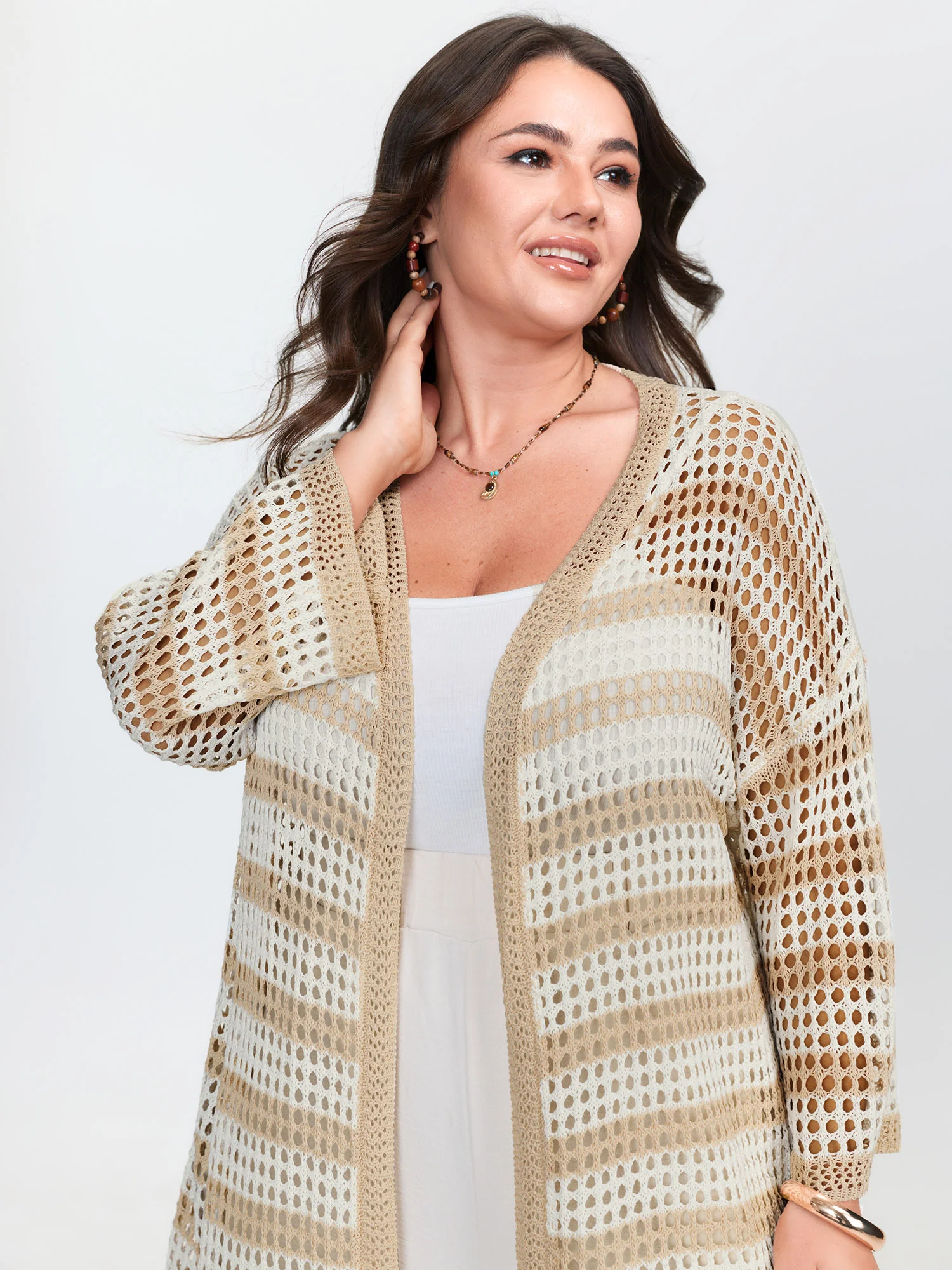 Crochet V-Neck Striped Knit Cardigan - Image 3