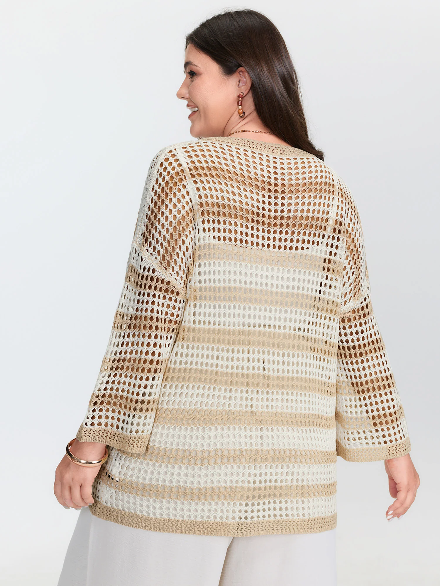 Crochet V-Neck Striped Knit Cardigan - Image 4