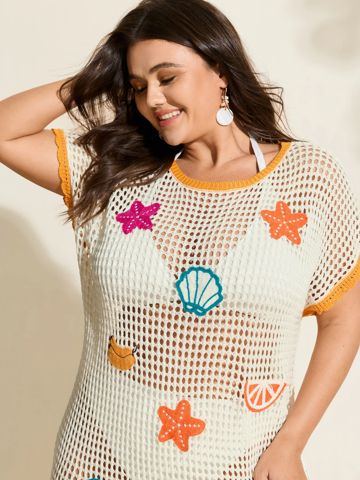 Crocheted Sea Elements Color Contrast Swim Cover-Up - Image 2