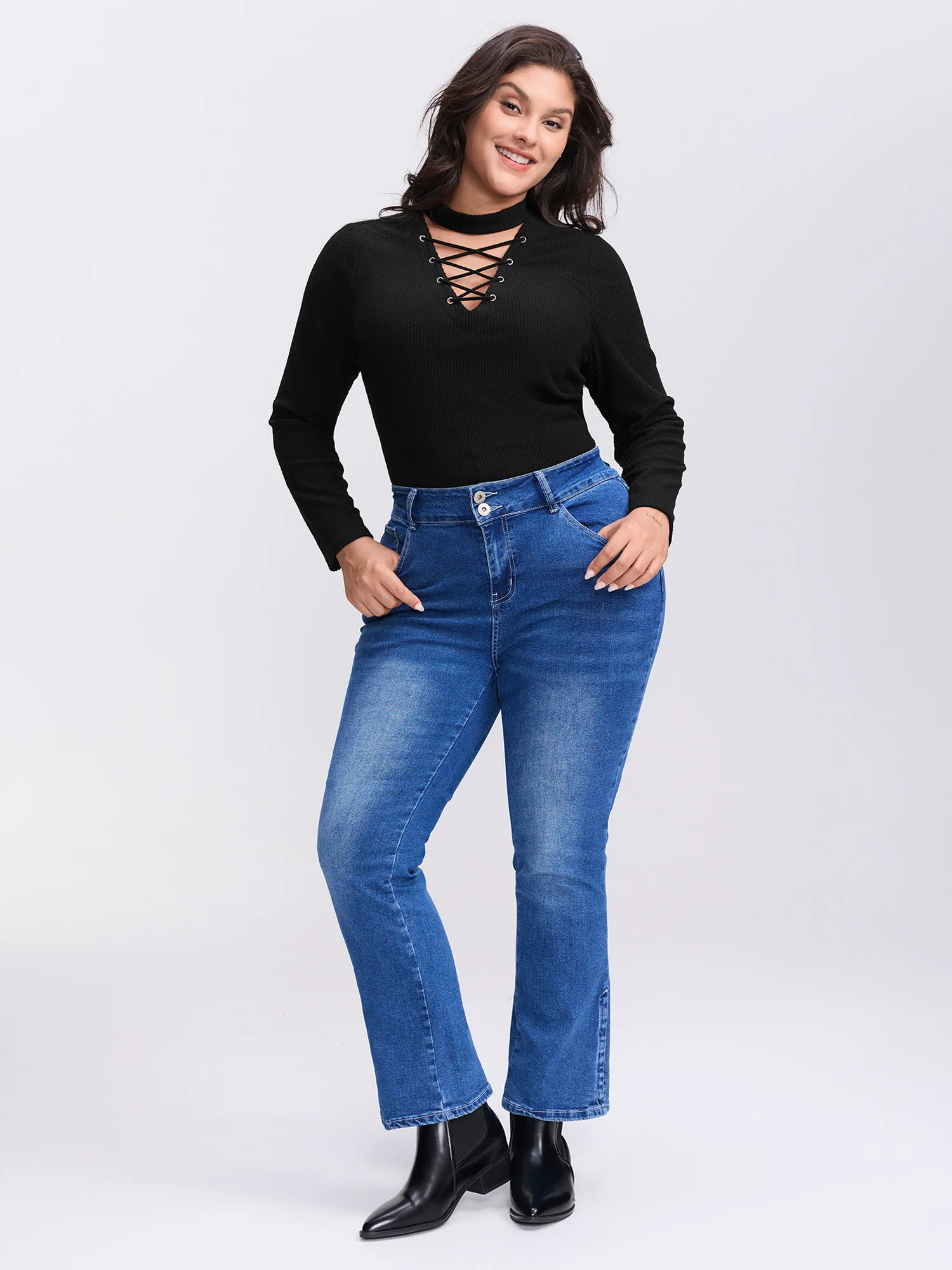 Cross-Lace Sheer Fitted Knit Top - Image 2