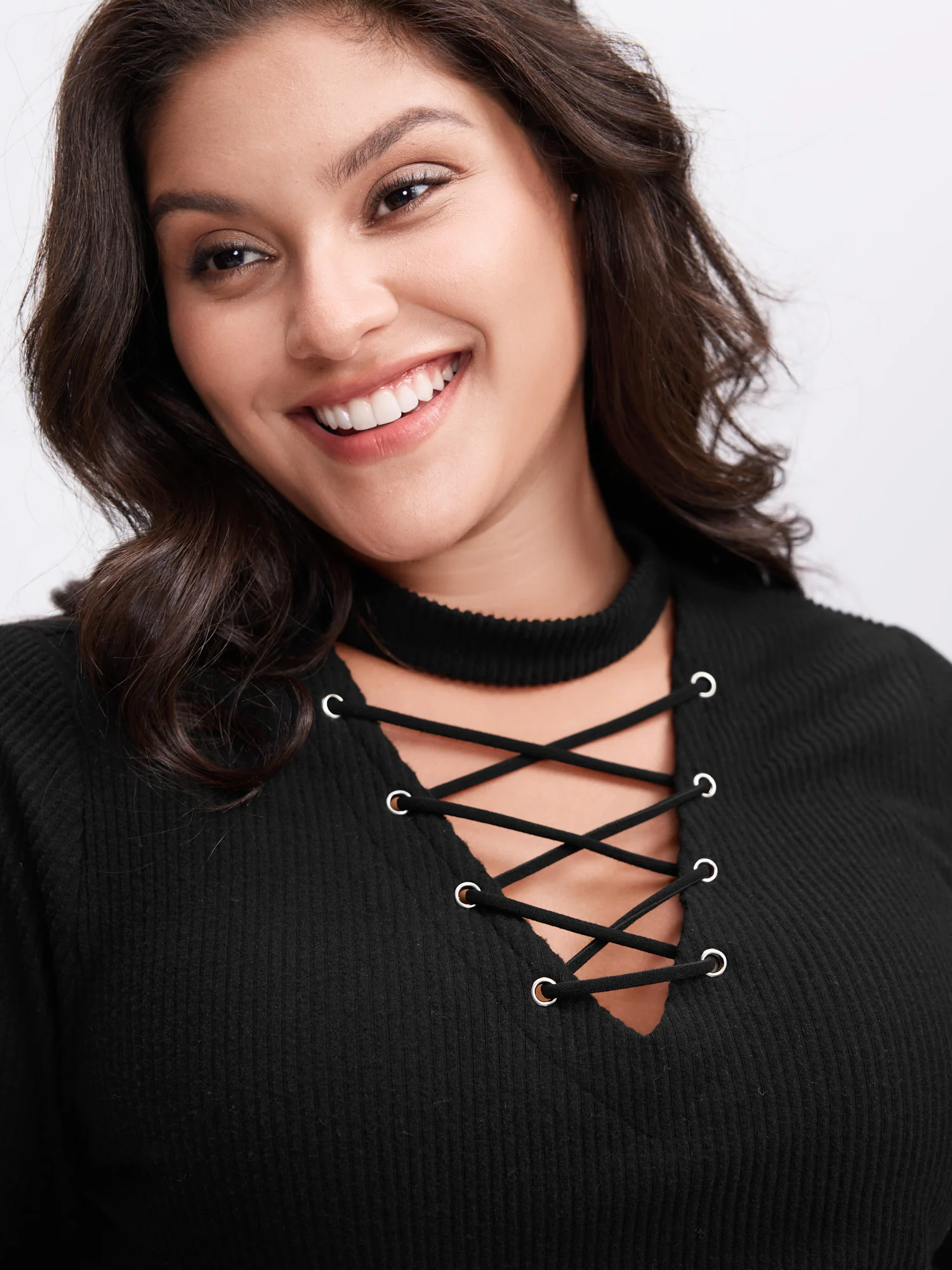 Cross-Lace Sheer Fitted Knit Top - Image 3